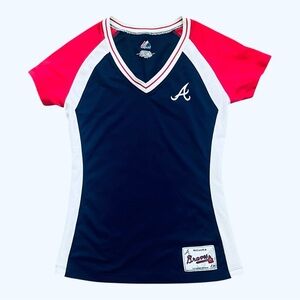 Majestic Atlanta Braves baseball team top shirt M V neck short sleeve multicolor